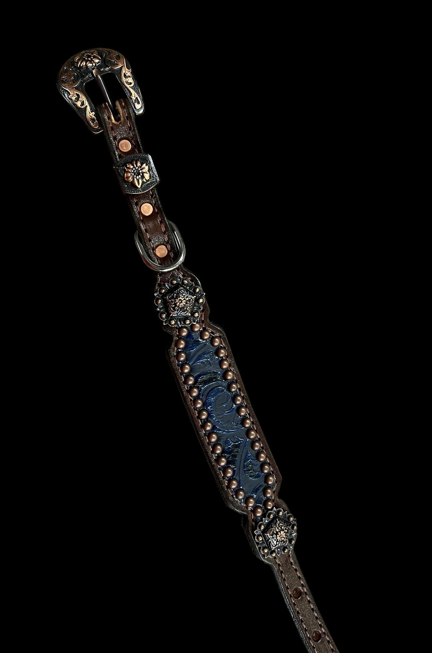 Navy floral on dark leather