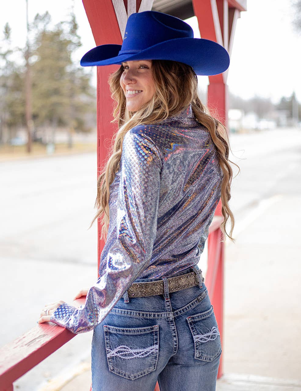 Pullover Button Up Blue Iridescent Foil Stretch Jersey