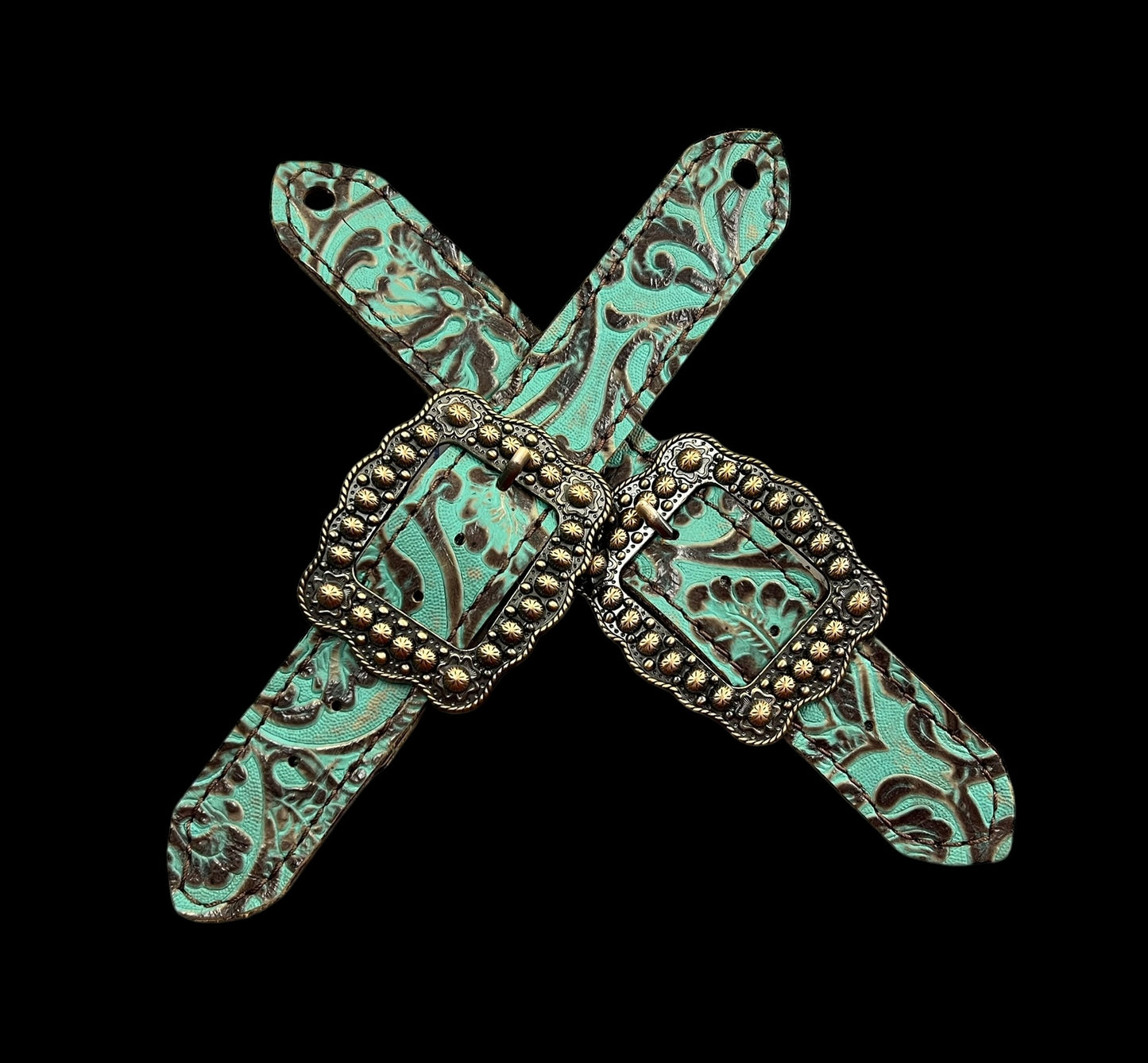 mint and brown floral on dark leather