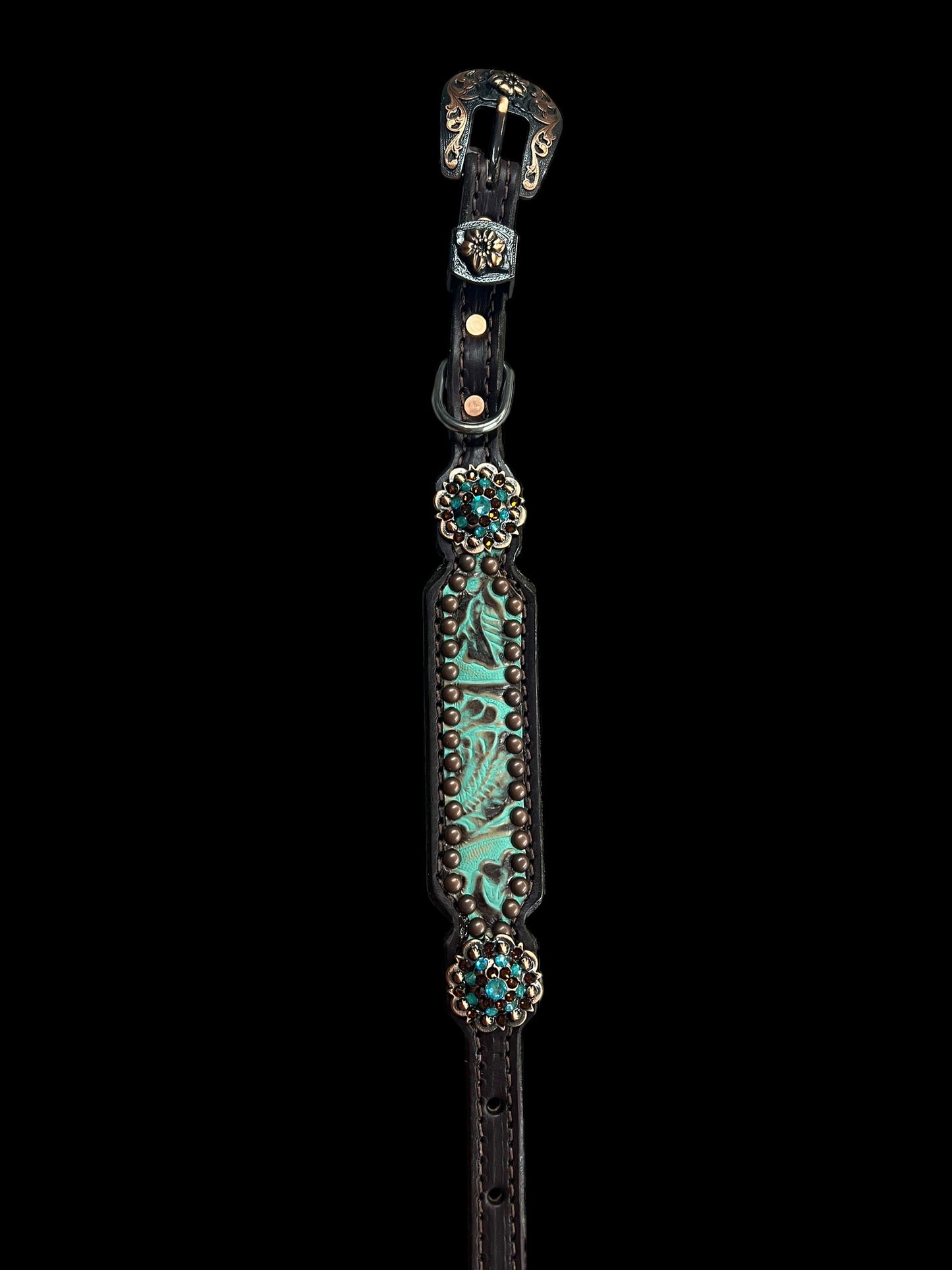 mint and brown floral on dark leather