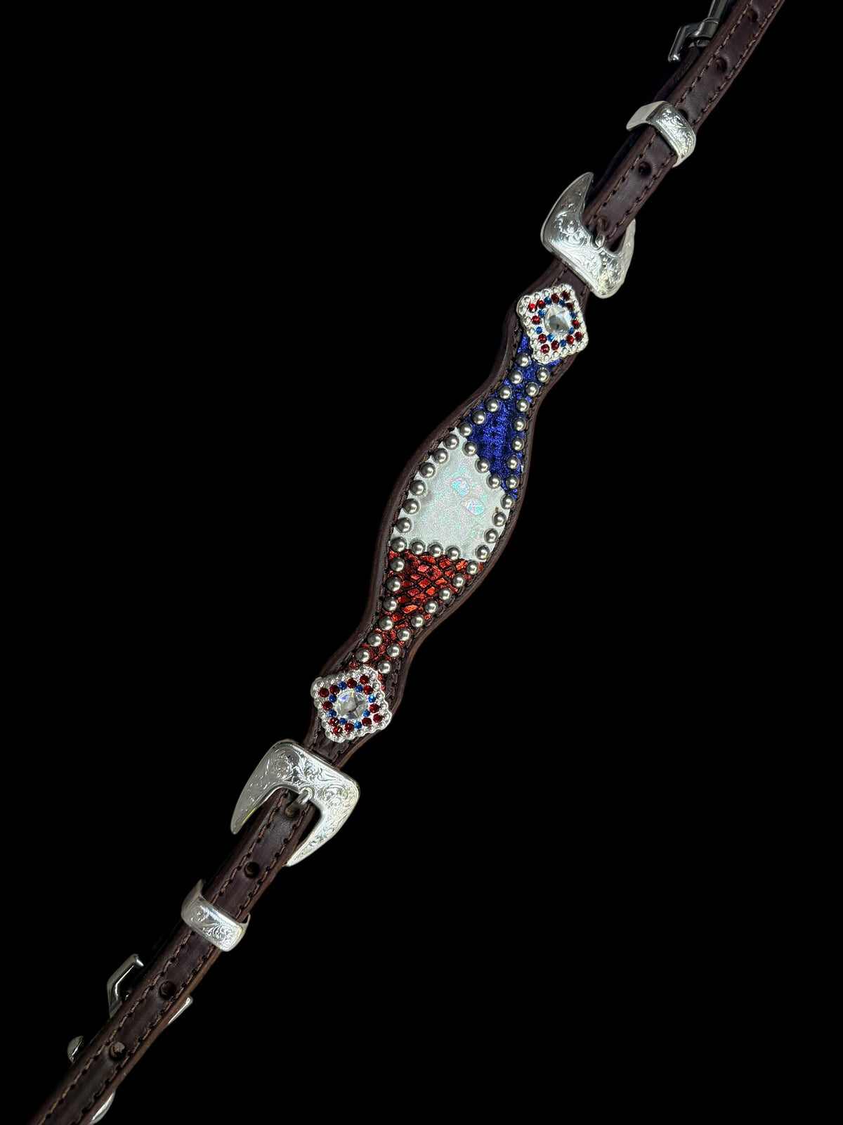 Red, white, and blue mystic on dark