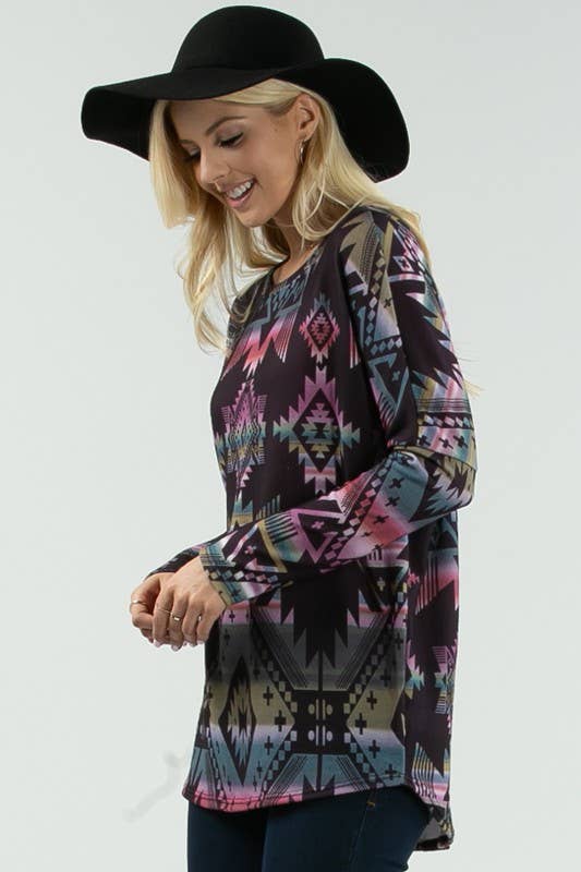 NIKKI GEO MULTI COLORED PRINT DOLMAN SLEEVE TOP:
