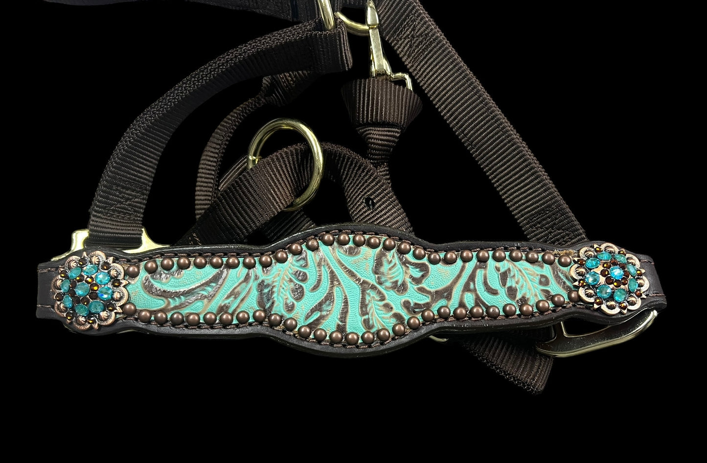 mint and brown floral on dark leather