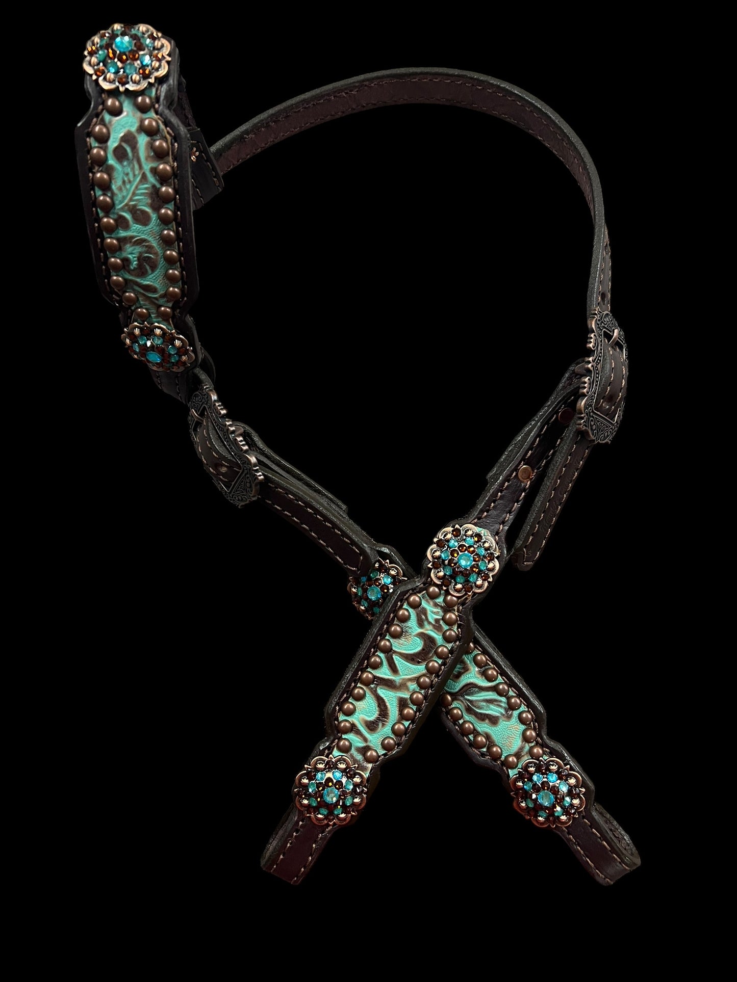 mint and brown floral on dark leather