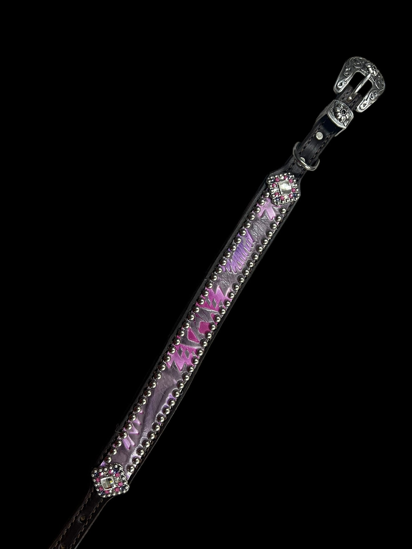 Light pink and purple Aztec on chocolate leather
