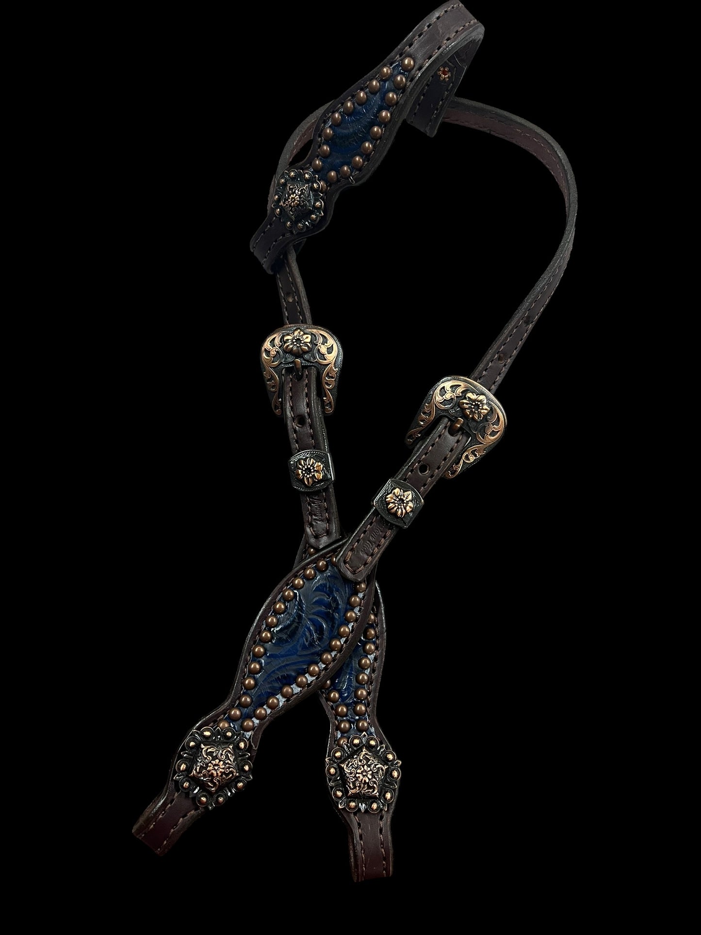 Navy floral on dark leather