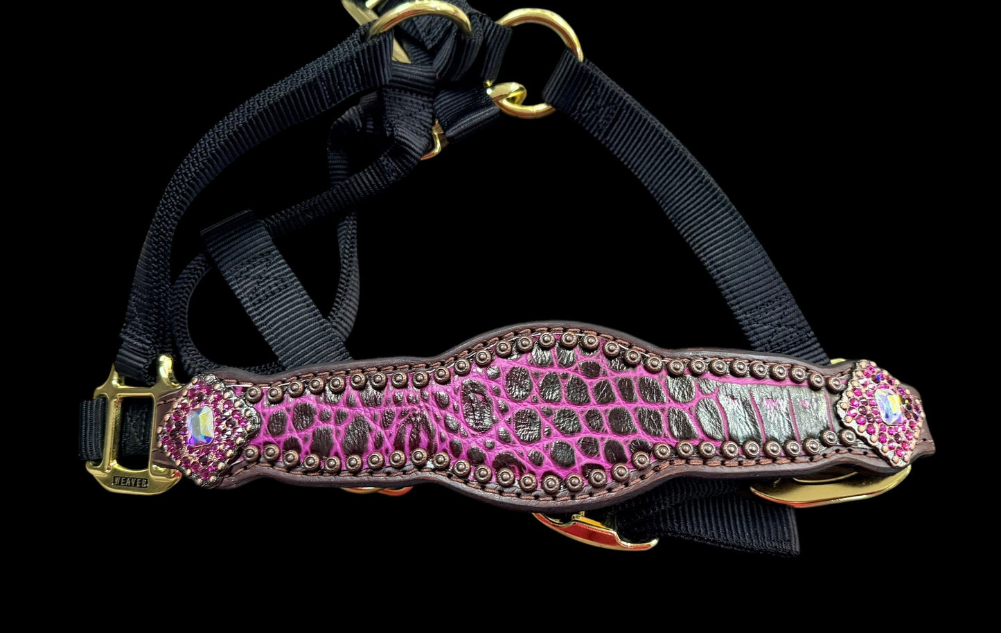 Fuchsia gator on dark leather