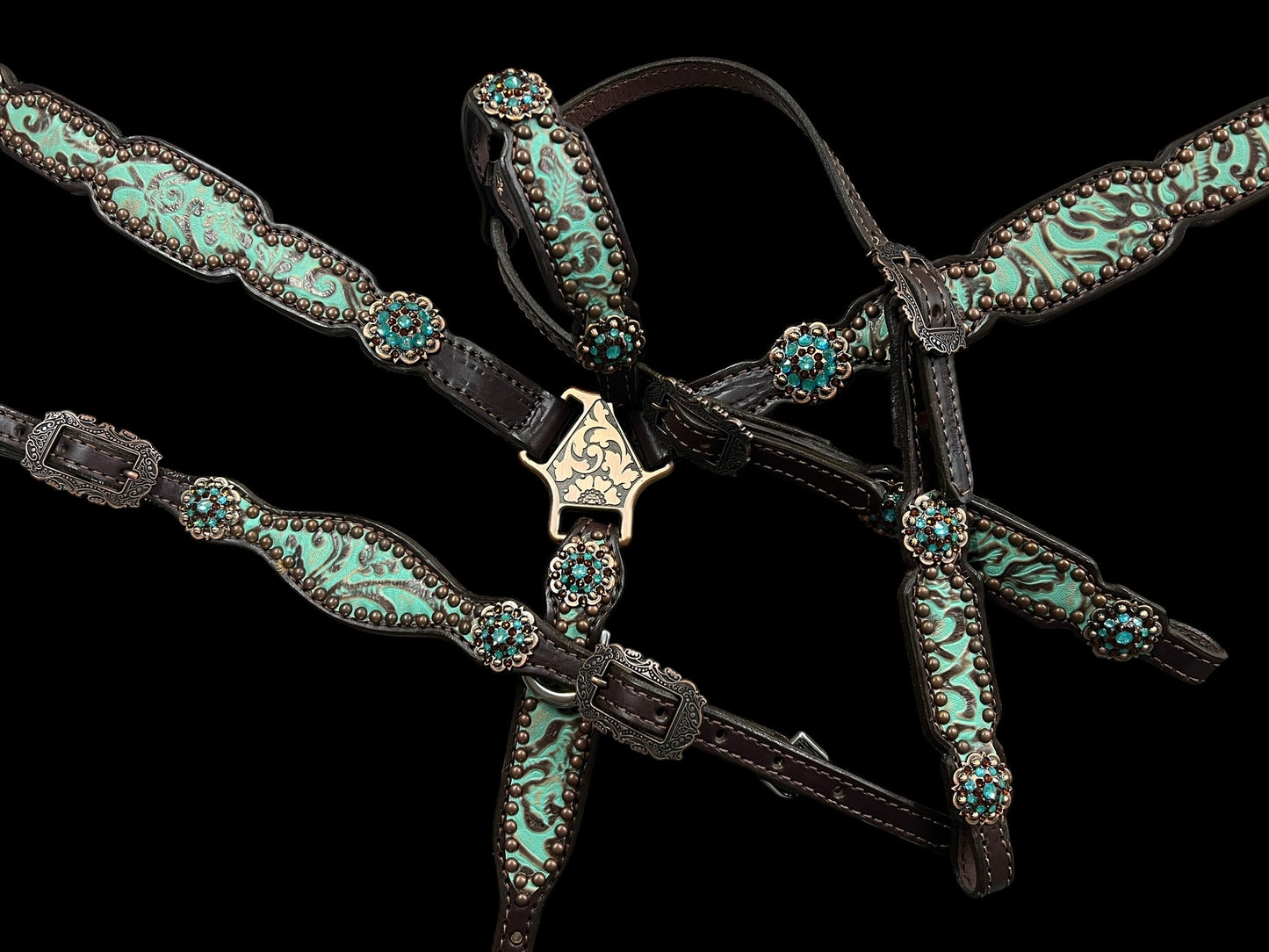 mint and brown floral on dark leather