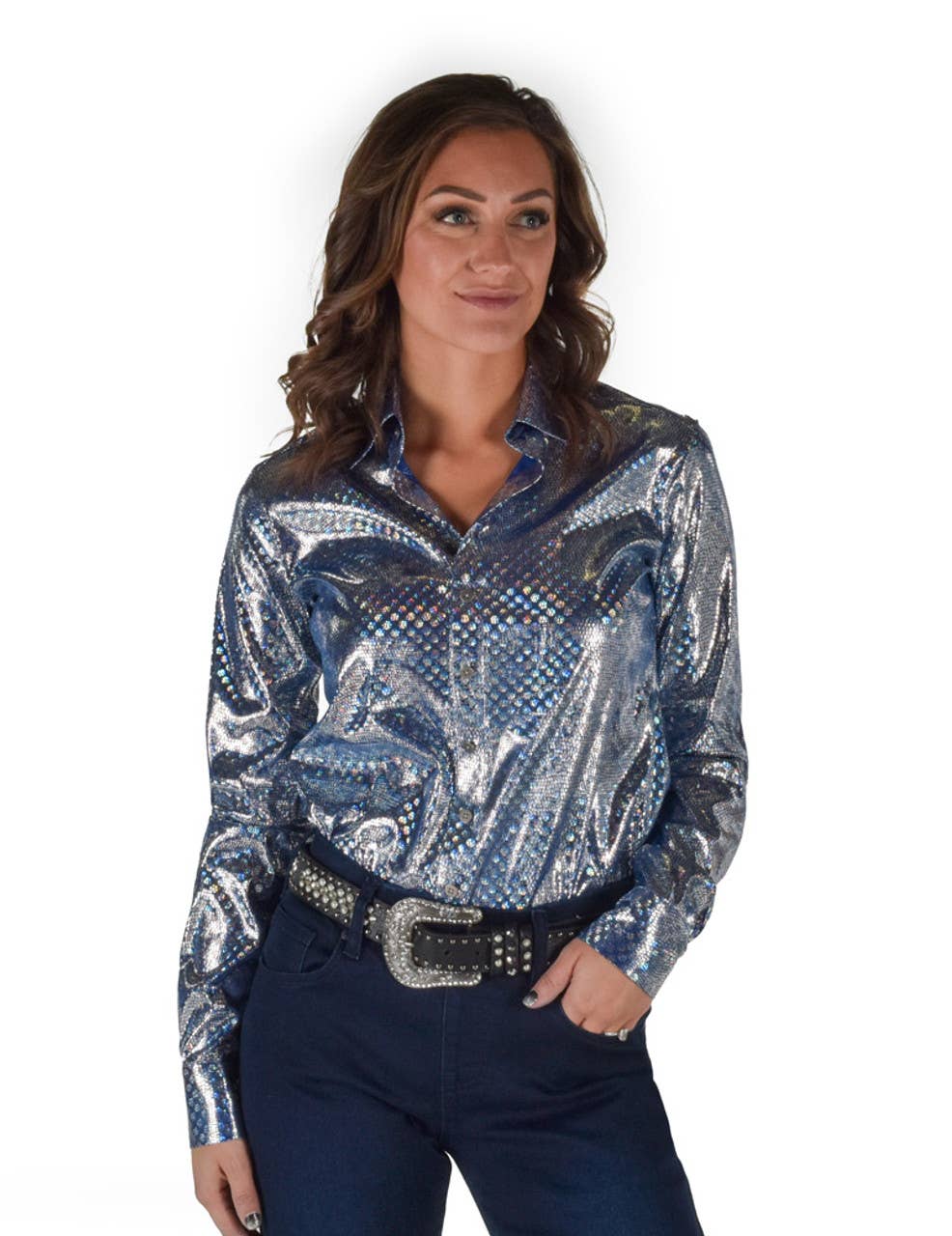 Pullover Button Up Blue Iridescent Foil Stretch Jersey