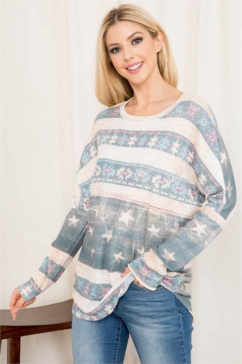AMANDA STAR PRINT WAFFLE DOLMAN SLEEVE TOP
