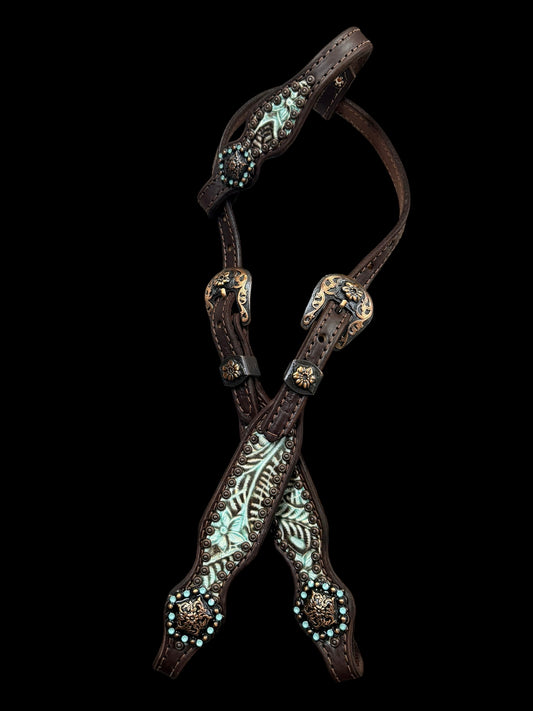 Brown and mint floral on dark leather