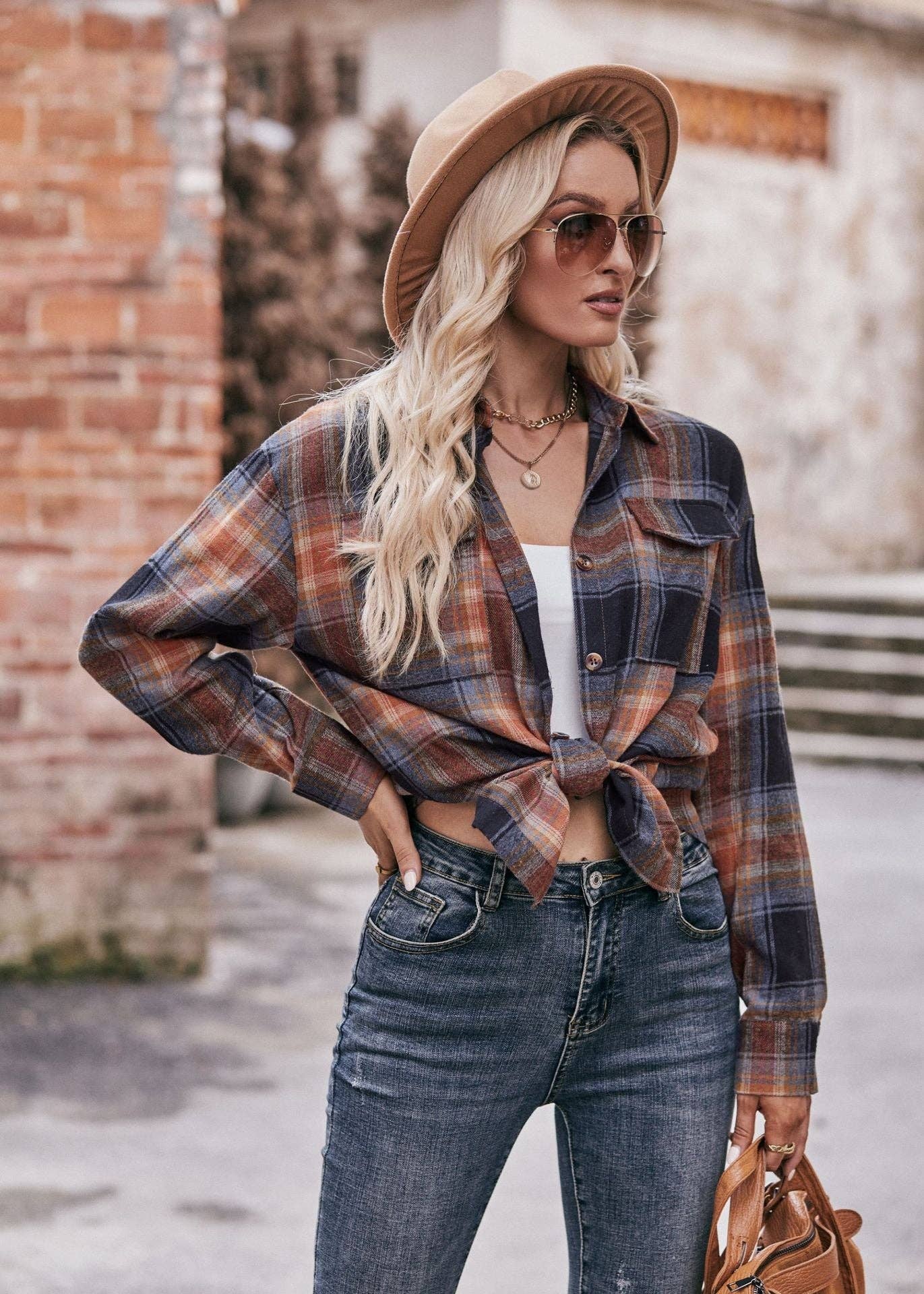 Khaki Oversized Plaid Button Up Shirt Jacket for Women