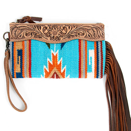 ADBG344O American Darling Western Leather Wristlet Bag with Hand Tooled Floral Carving and Saddle Blanket