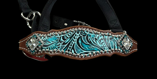 Teal and black floral on medium leather