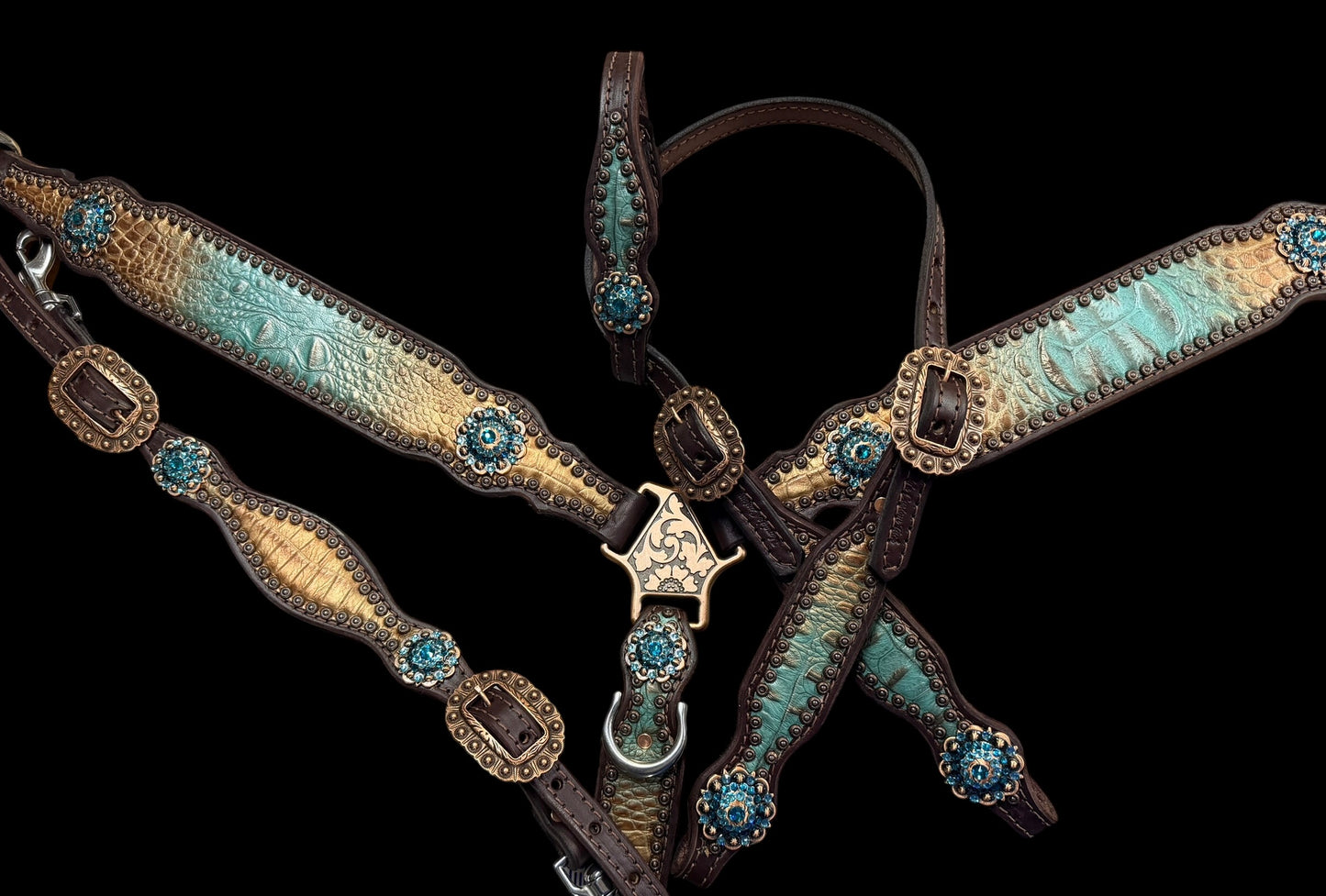 Brown and teal gator on dark leather