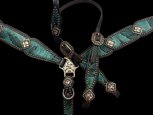 jade feathers on dark leather