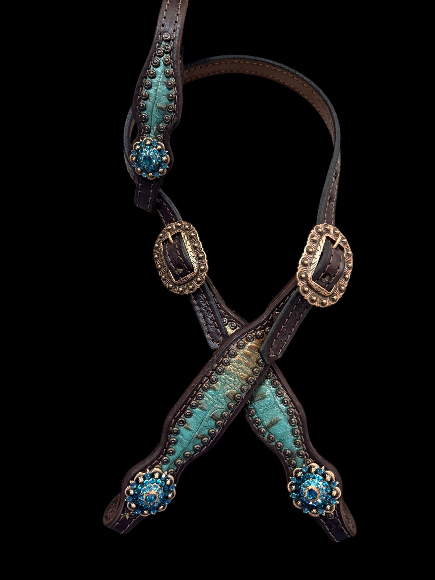 Brown and teal gator on dark leather