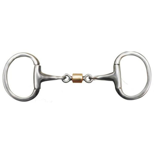 Showman eggbutt style bit with 3" ring cheeks. Stainless steel 5" mouth piece with sliding copper roller dog bone