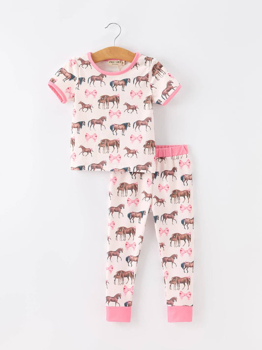Girls Western Horse Bow Pajamas Set Print