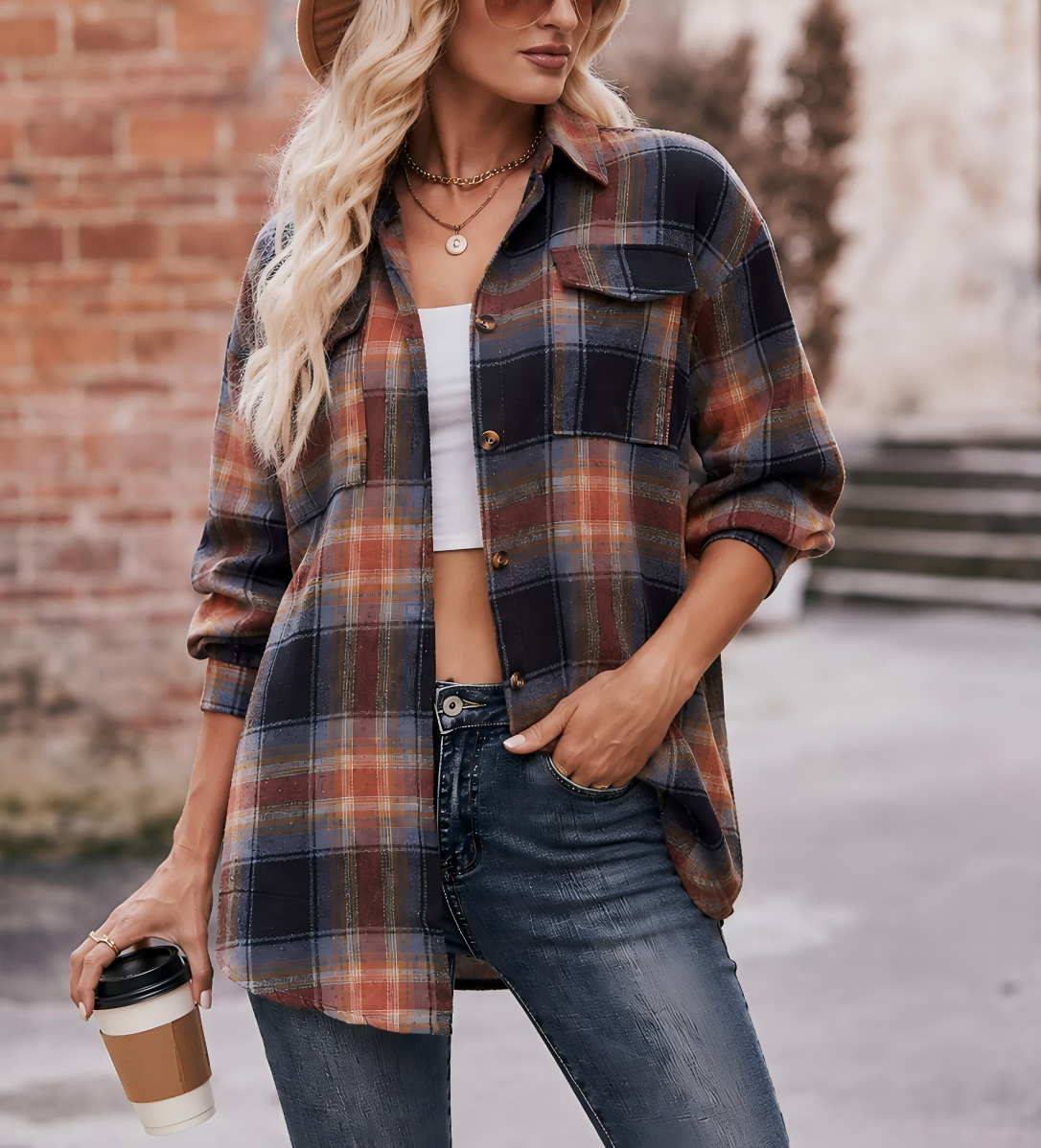Khaki Oversized Plaid Button Up Shirt Jacket for Women