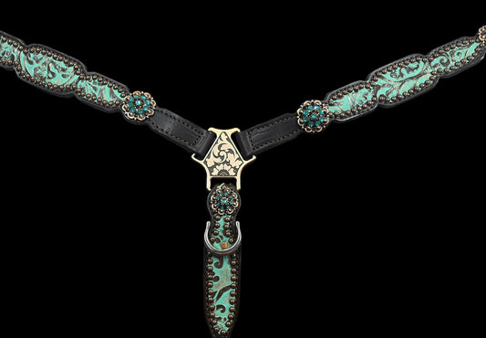mint and brown floral on dark leather