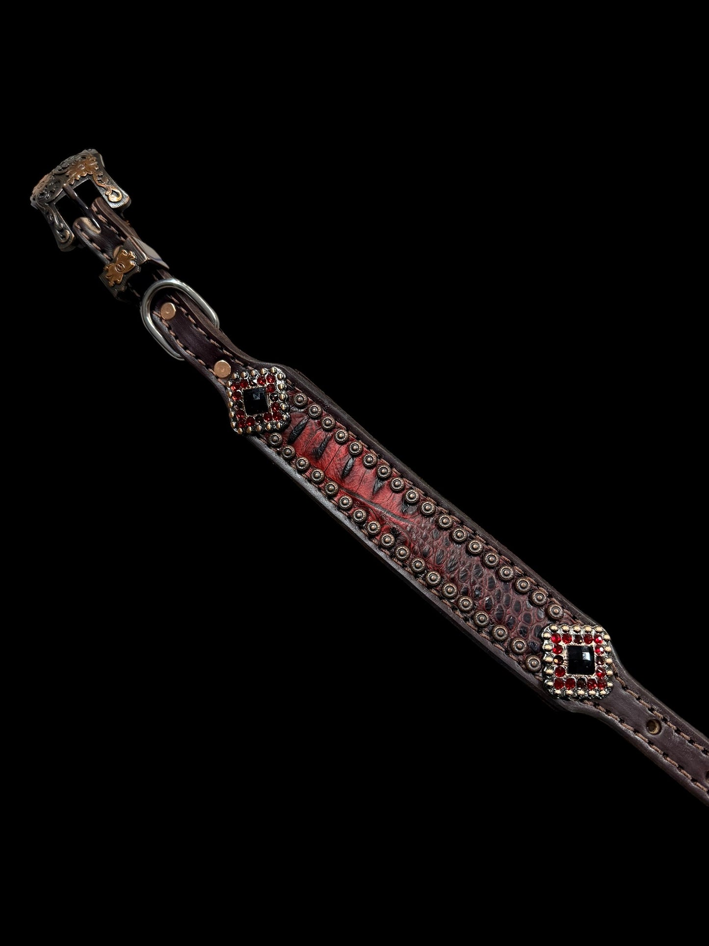 Dark red gator on dark leather
