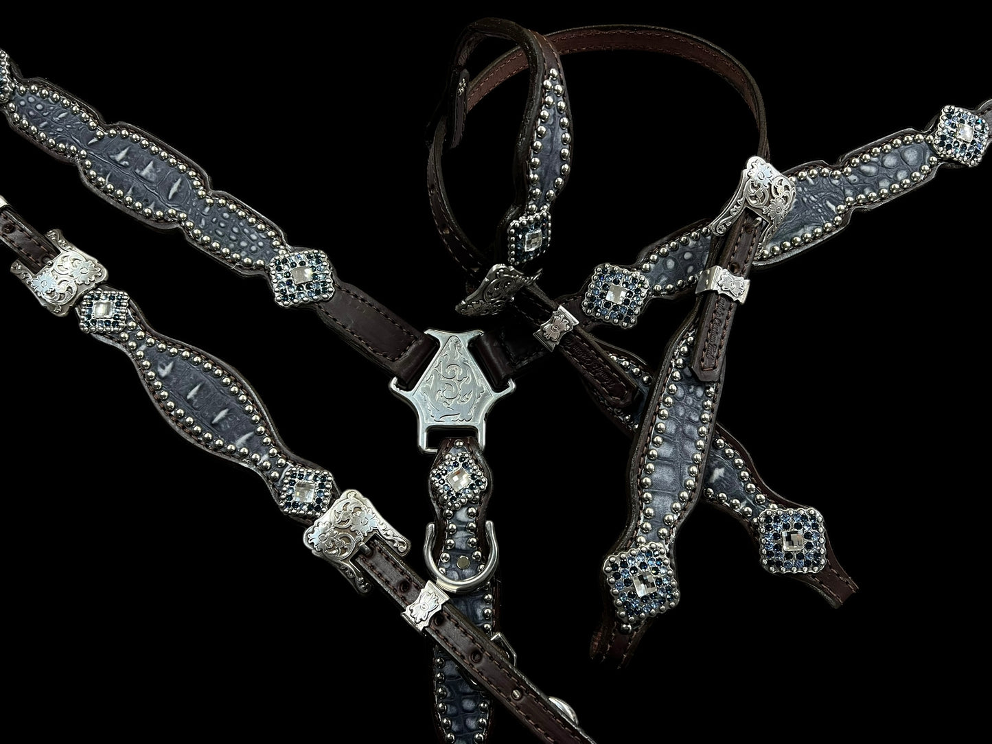 Denim blue gator on dark leather