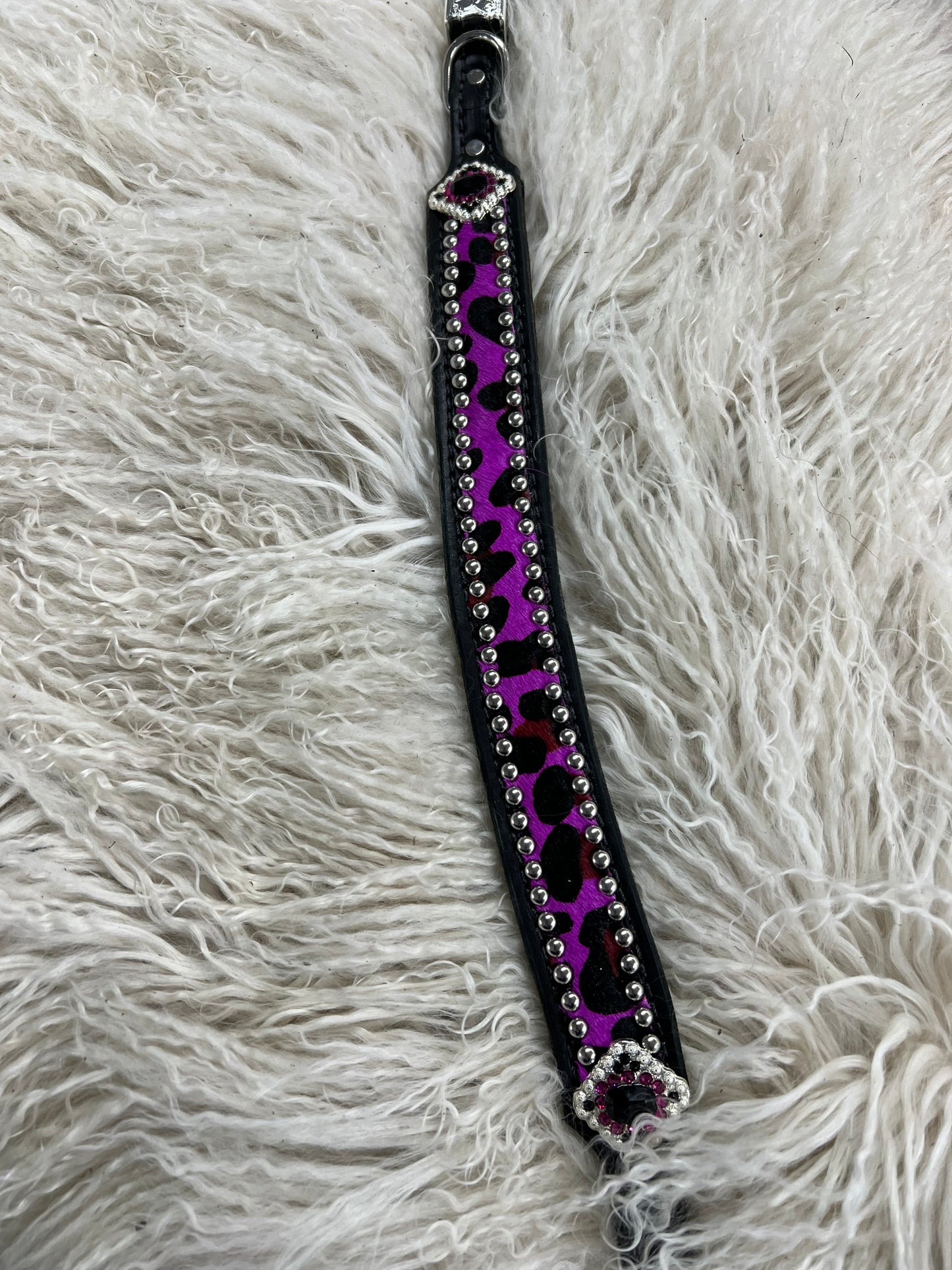 Hot Purple leopard on black leather