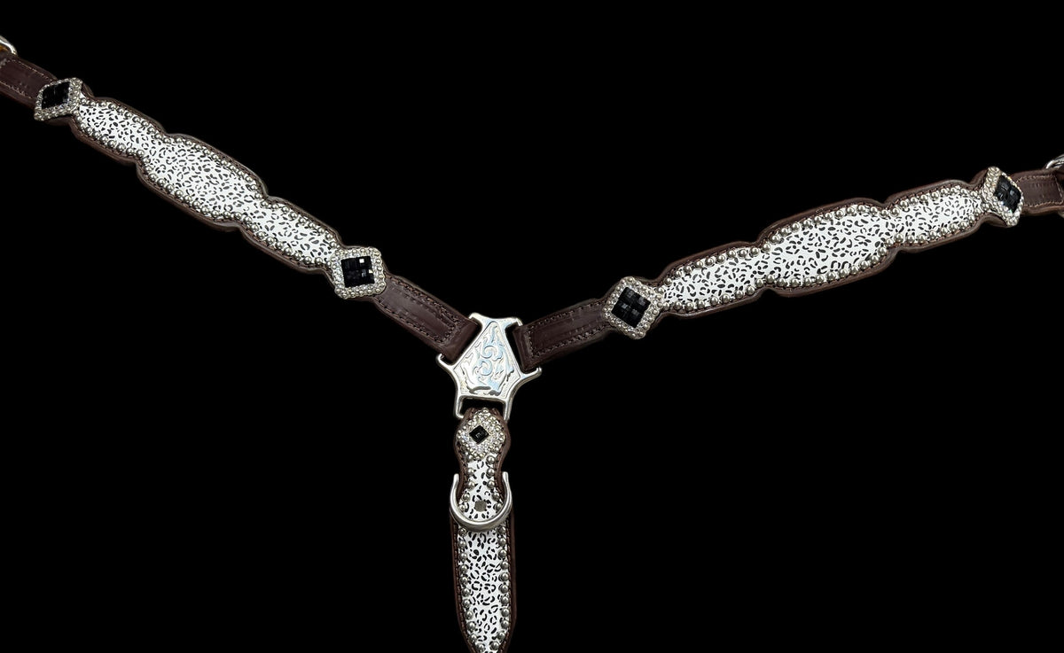 Snow leopard on dark leather