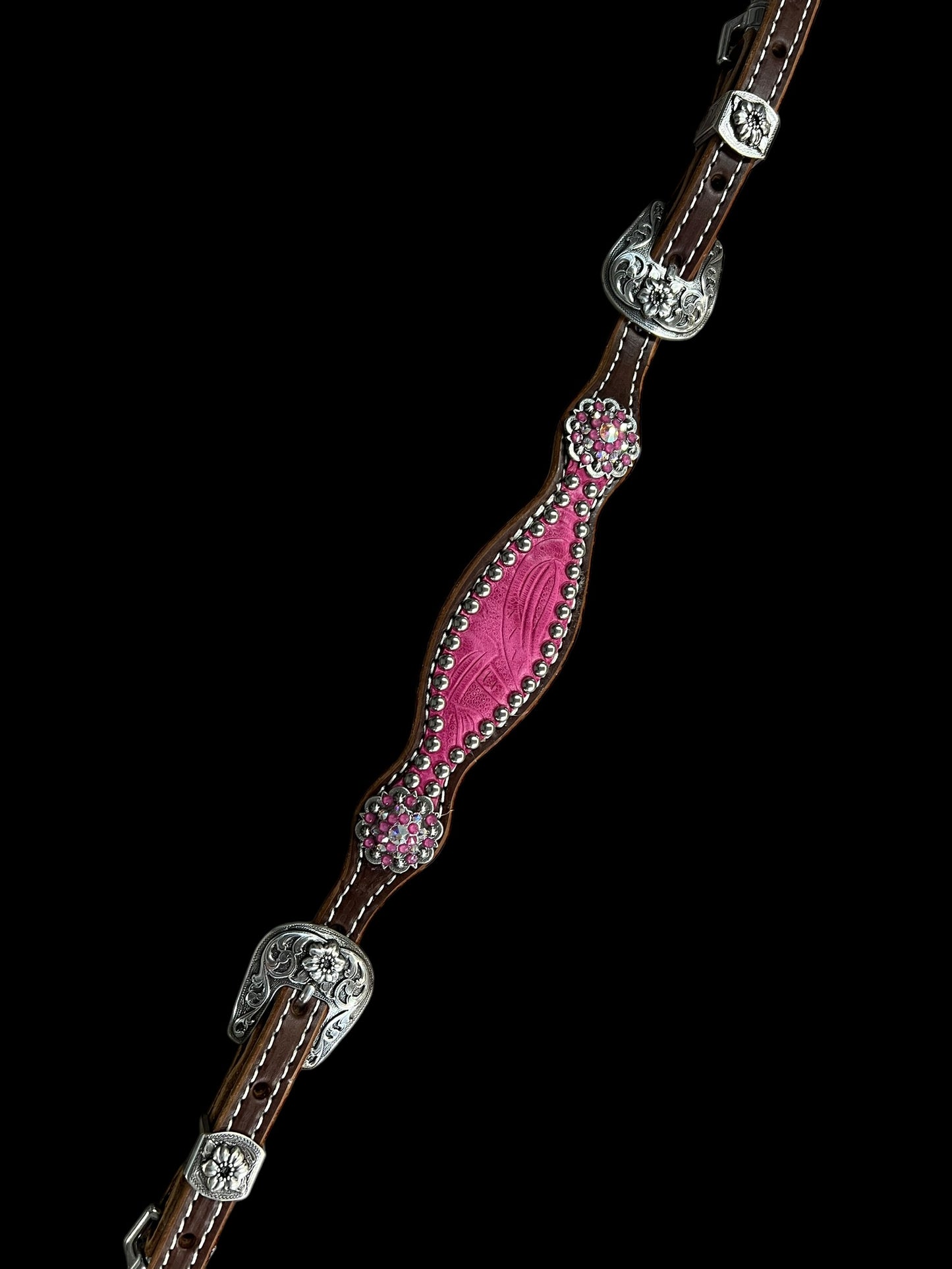 Pink Dallas Floral on walnut leather