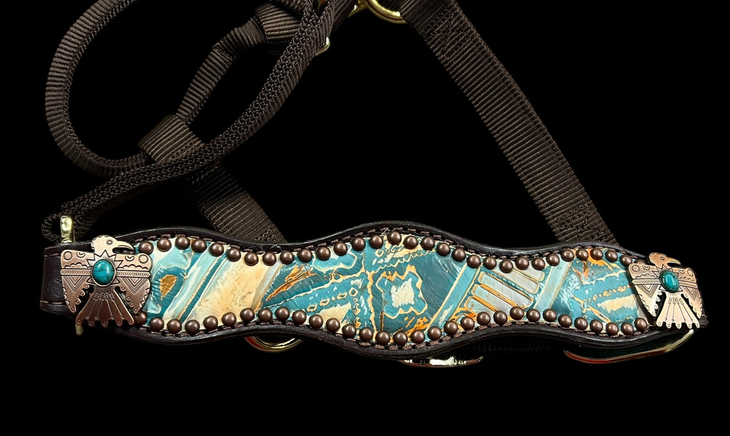 Orange and turquoise navajo on dark leather