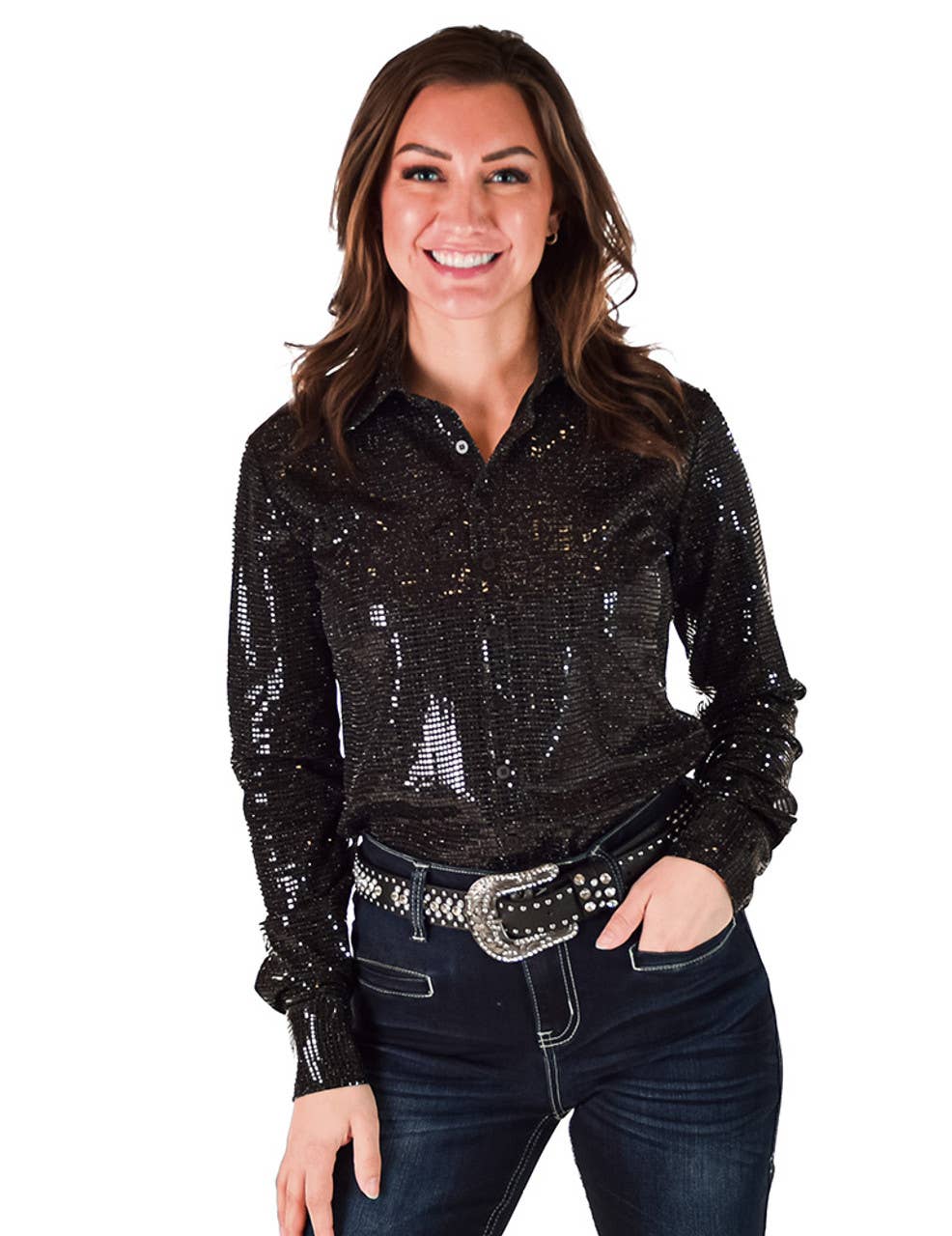 Pullover Button Up with Black Metallic Foil Stretch