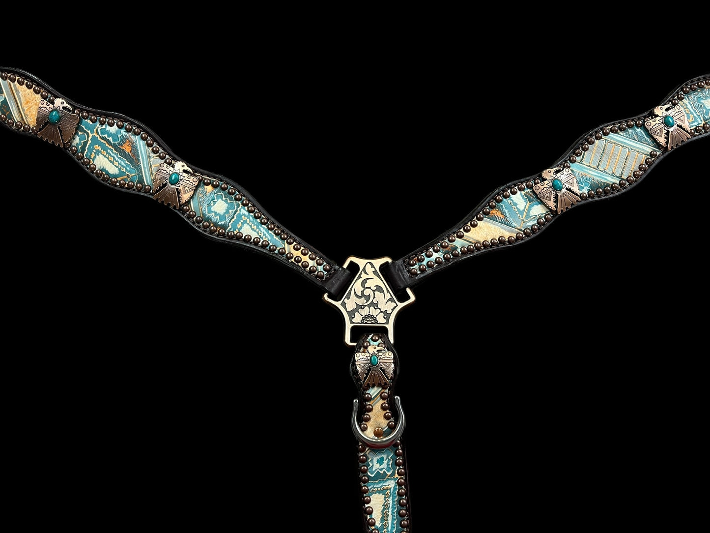 Orange and turquoise navajo on dark leather