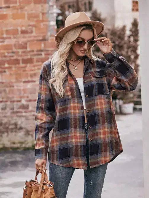 Khaki Oversized Plaid Button Up Shirt Jacket for Women