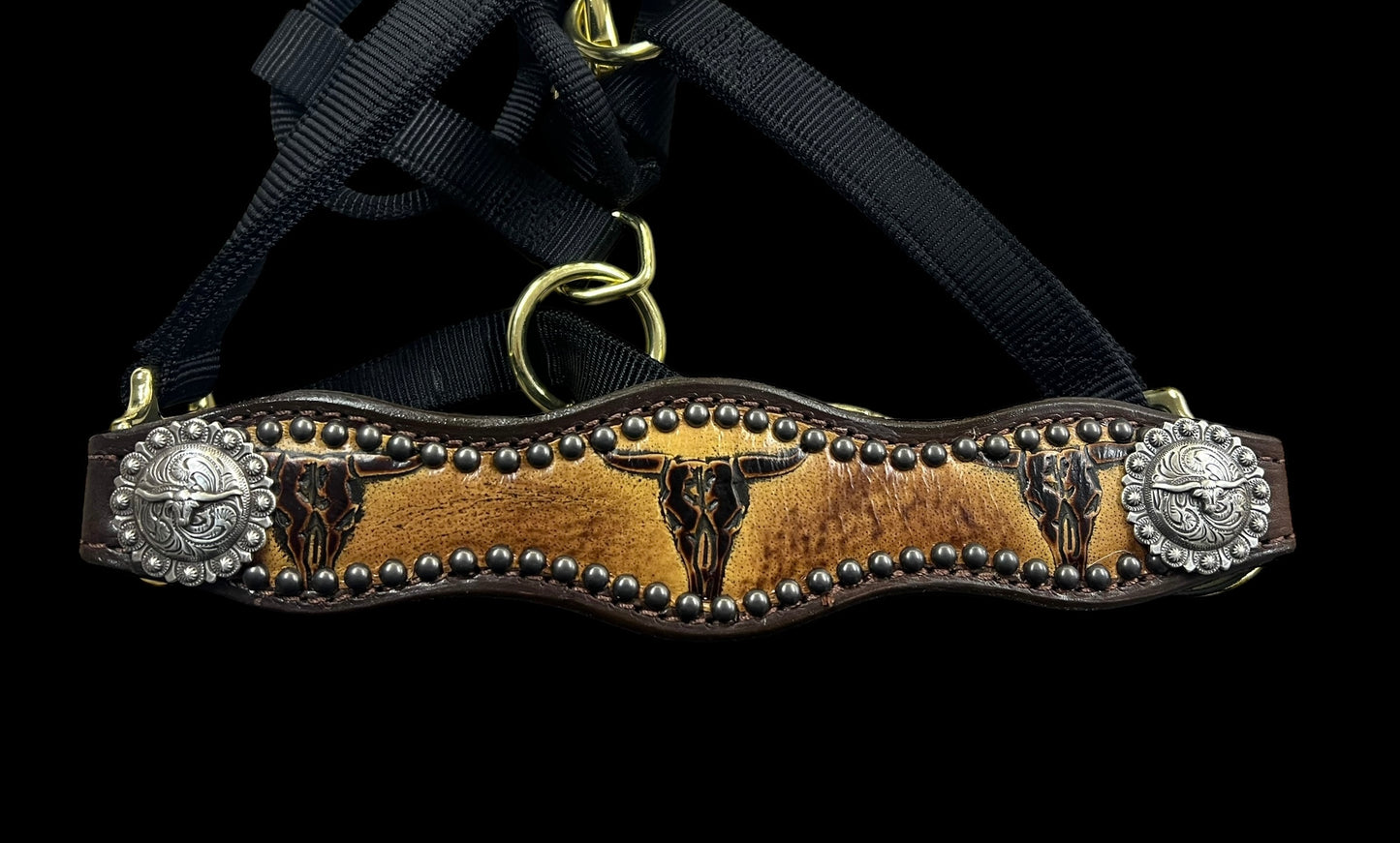 Sepia Longhorns on dark harness leather