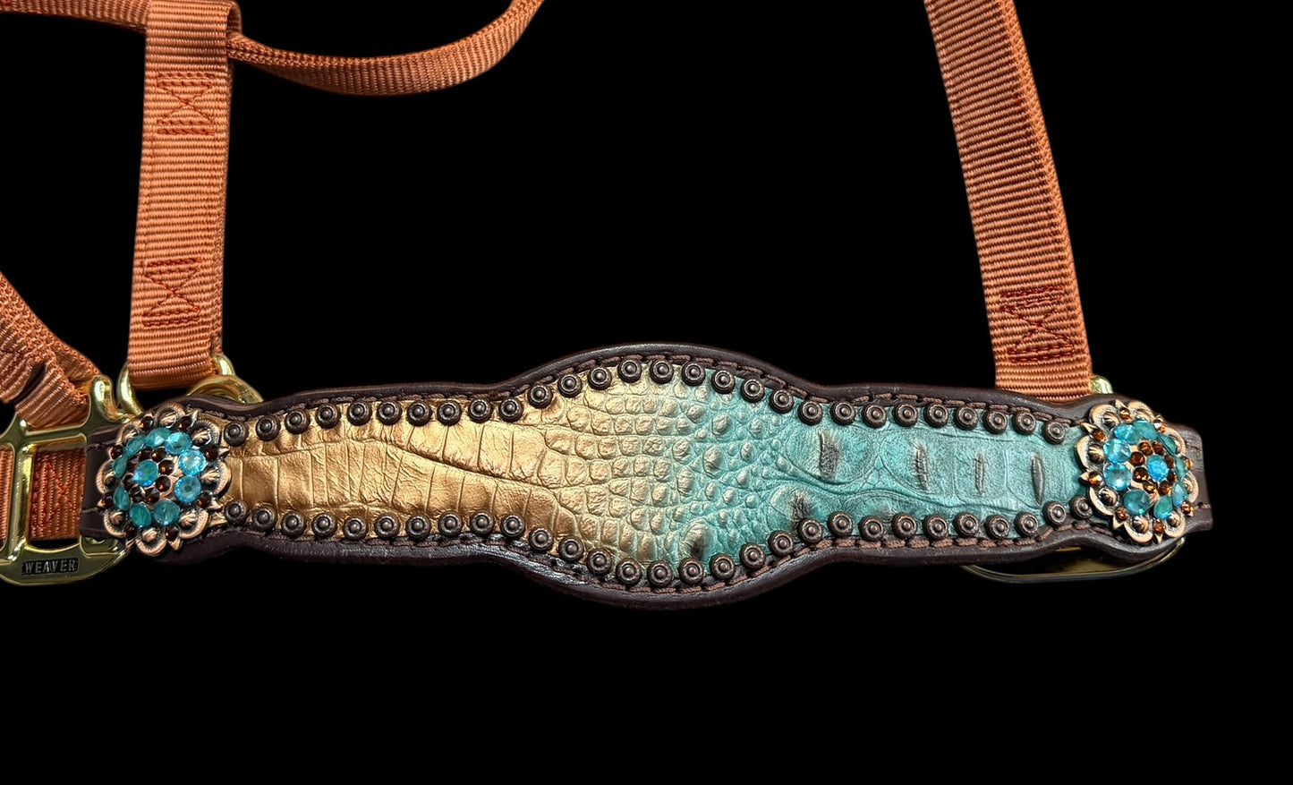 Brown and teal gator on dark leather