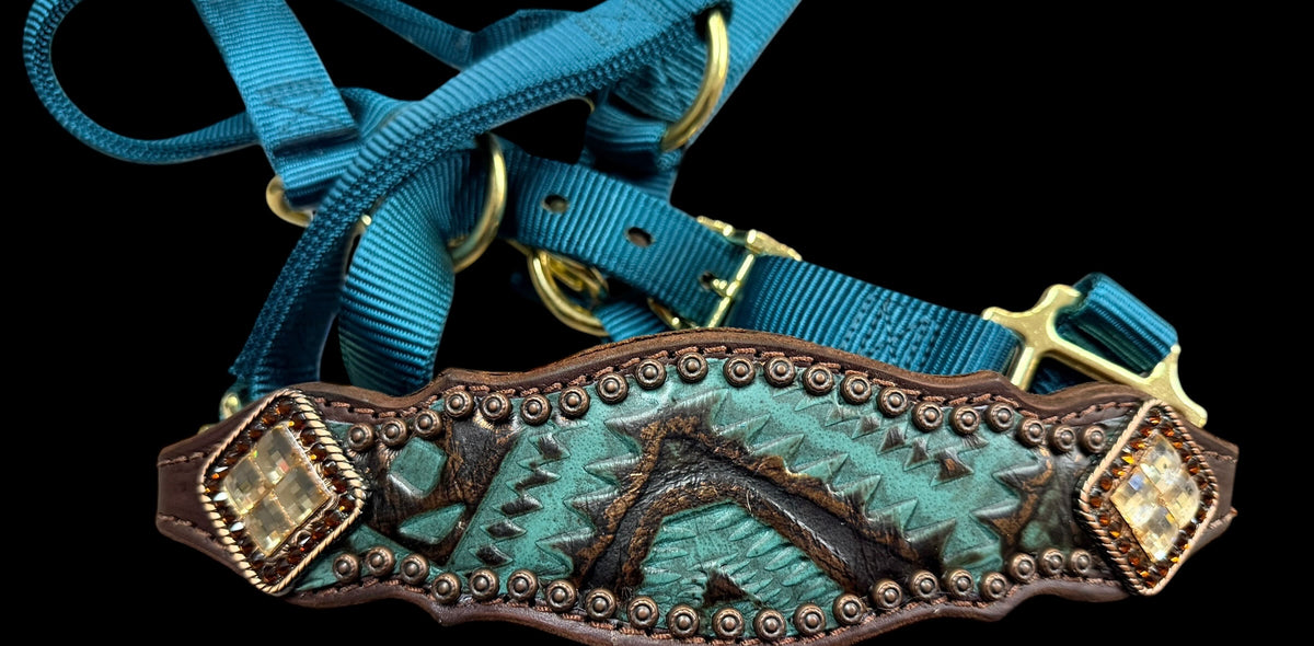 Teal and brown aztec on dark leather