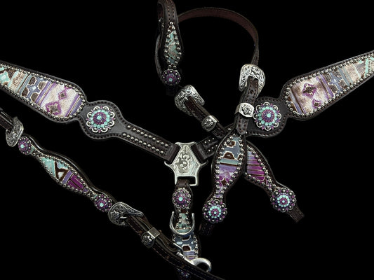 Mint and purple Navajo on dark leather