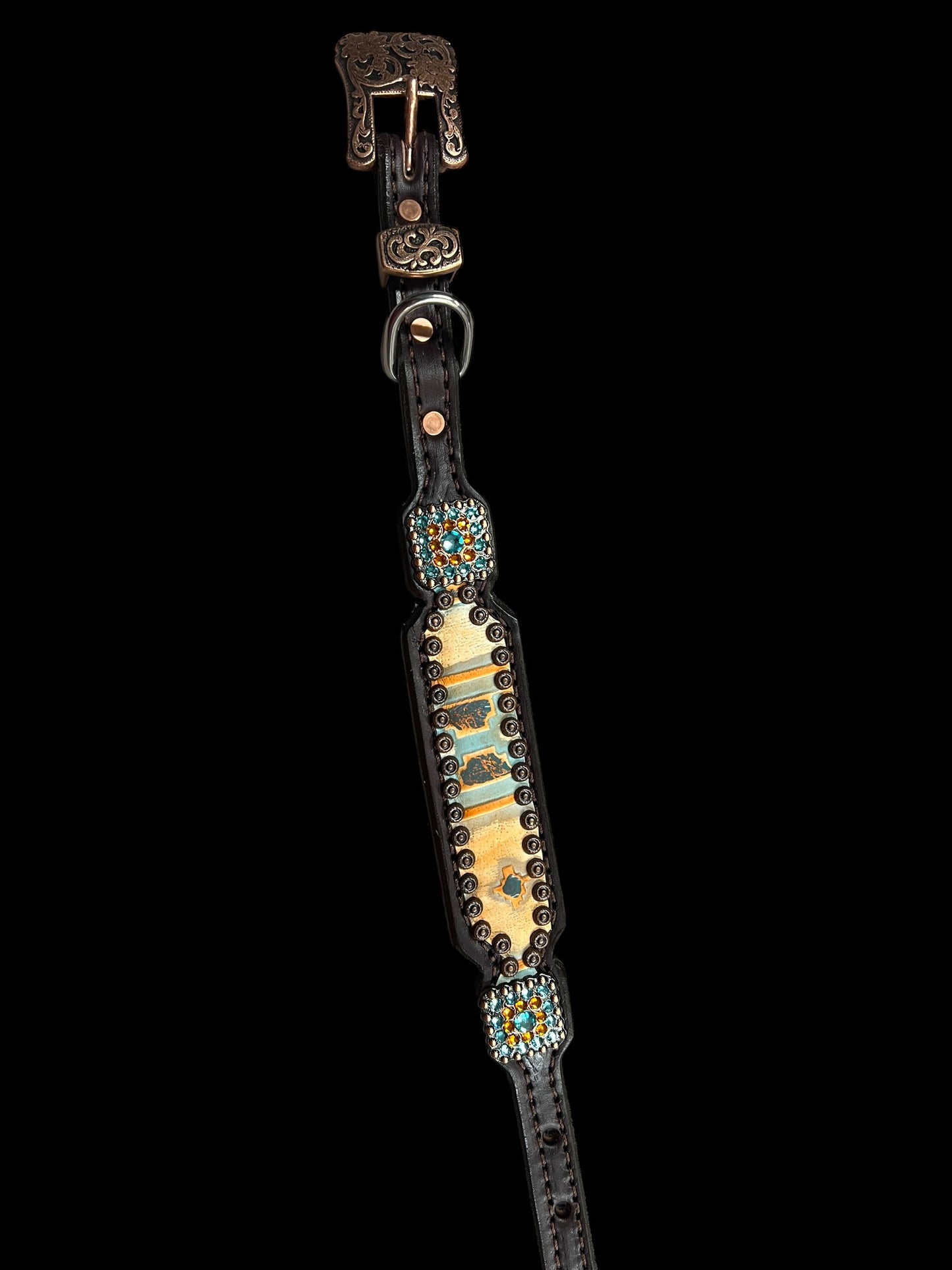 Orange and turquoise navajo on dark leather