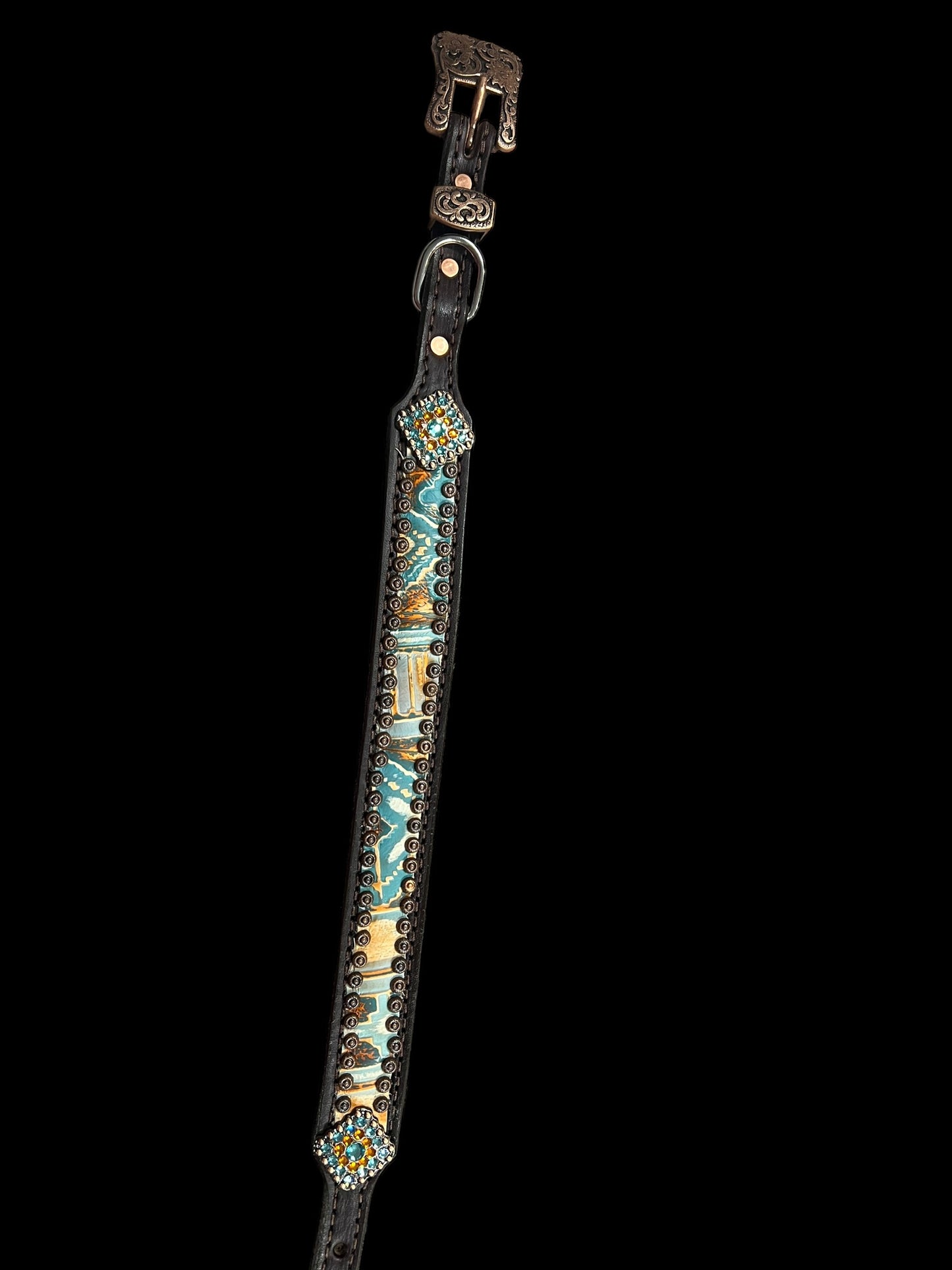 Orange and turquoise navajo on dark leather