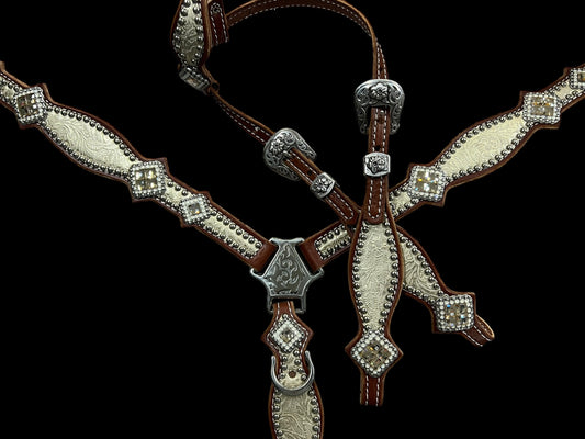 Silver and gold floral  on medium leather