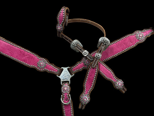 Pink Dallas Floral on walnut leather