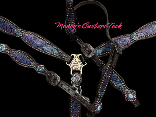 Purple and teal with pink gator and floral on dark leather