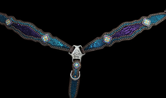 Teal and purple mystic on dark leather