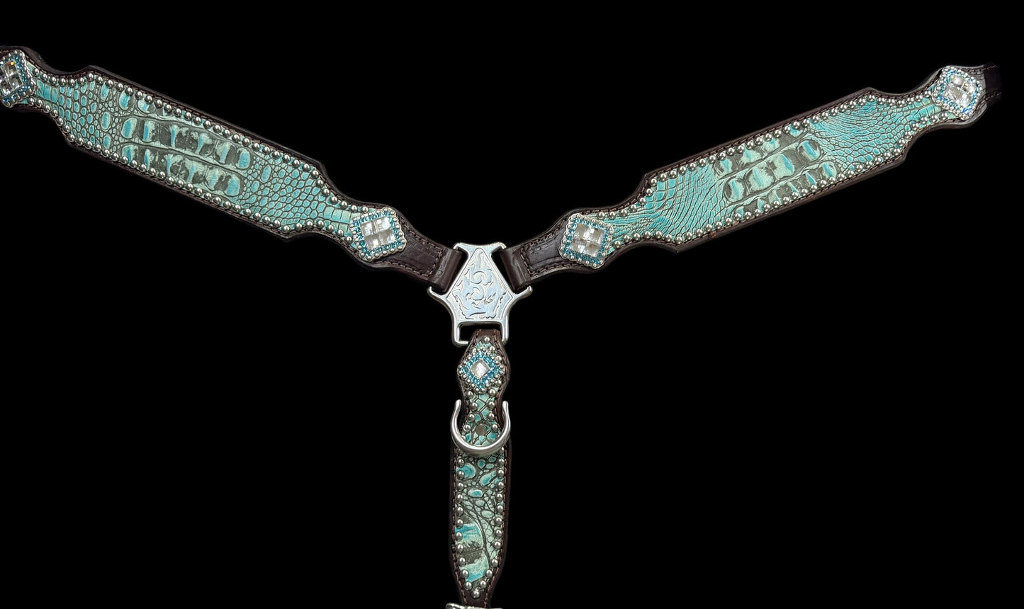 Antique turquoise gator on dark leather
