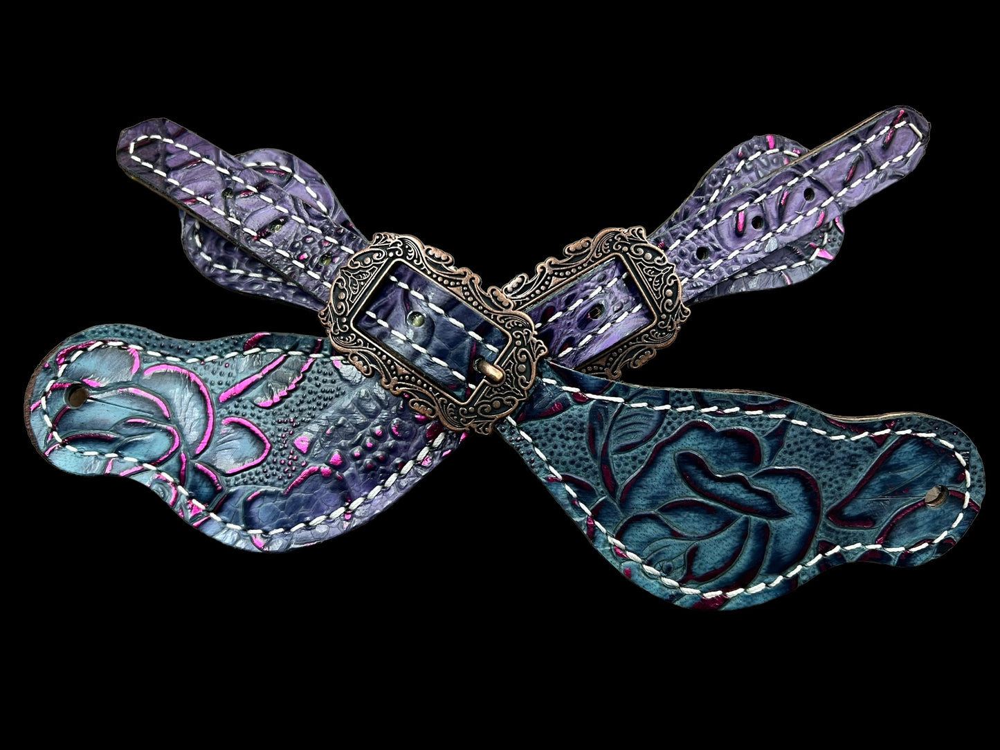 Purple and teal with pink gator and floral on dark leather