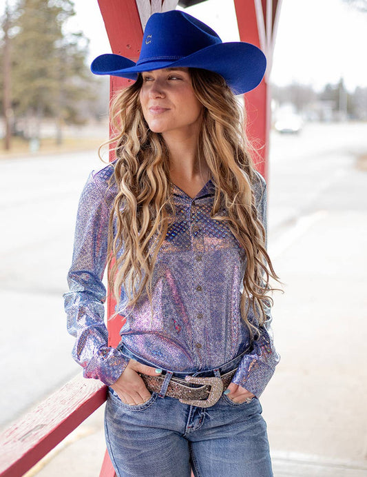 Pullover Button Up Blue Iridescent Foil Stretch Jersey