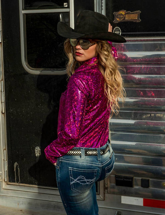 Pullover Button-Up Metallic Lightweight Stretch Jersey: Pink
